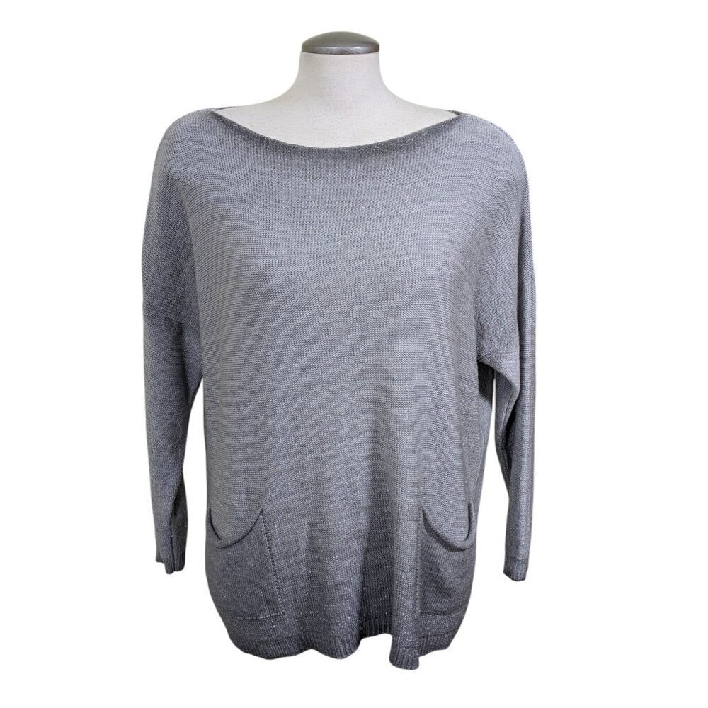 Bella Amore Womens Oversized Metallic Glitter Knit Sweater Pockets Made In Italy